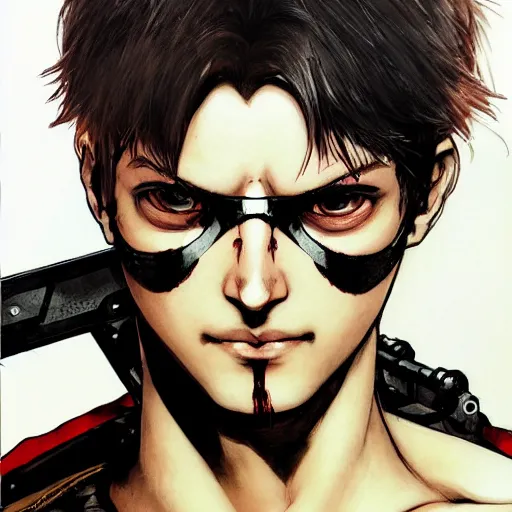 Image similar to portrait of a young white hero using his right arm to hold his sword covering his eye illustrated by yoji shinkawa, high quality, extra details, realism, ornate, colored, golden chain, blood, white skin, short hair, brown eyes, vivid, sunlight, red headband, black eyepatch, white american soldier, painting, cybernetics, military