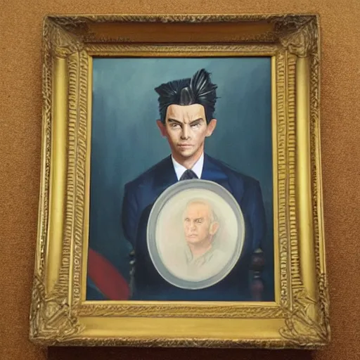 Image similar to president ash ketchum, ash ketchum presidential portrait, oval office painting. official portrait, oil on canvas. realism. retouched face