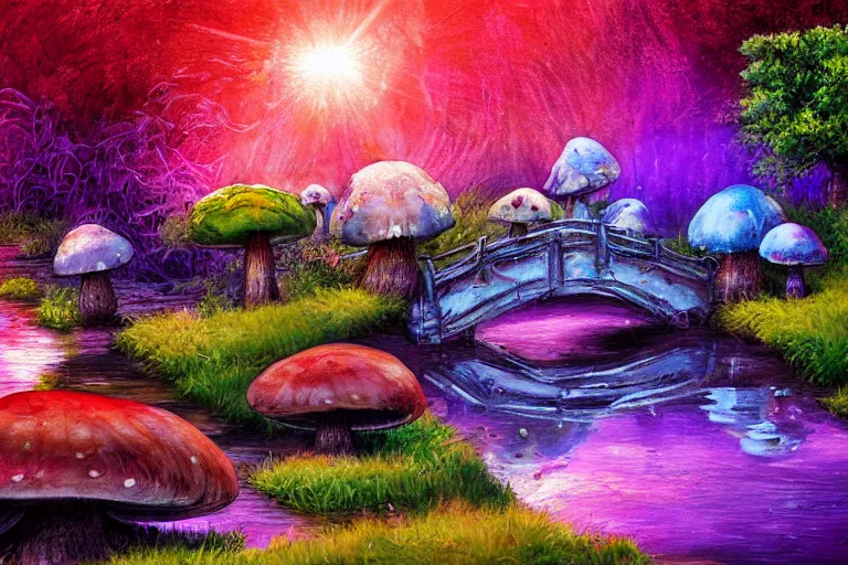 Image similar to a painting of giant mushrooms with next to a small bridge, flowing water, digital art, zangarmarsh, scenic, reds, purples, pink, reflections, blue lighting, glow's in side the mushrooms, complex background, chill,