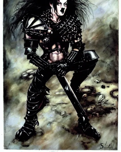 Image similar to portrait of a skinny goth punk keany reeves wearing armor by simon bisley, john blance, frank frazetta