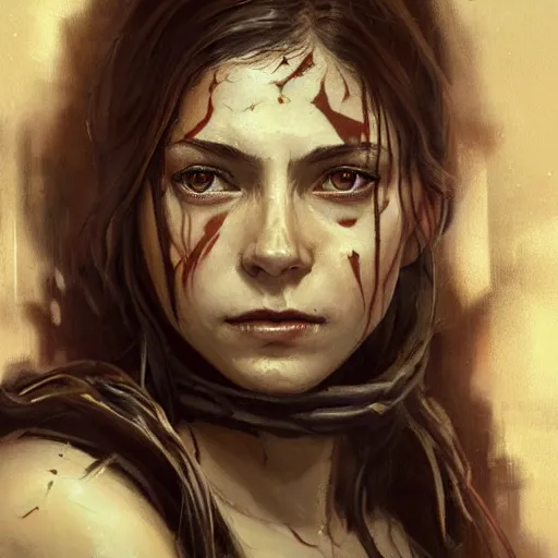 Prompt: portrait of an woman by Greg Rutkowski, she is about 20 years old, pretty, long brown wavy hair, tribal tattoos on her face, scar near her mouth that makes her look like she's smiling all the time, wearing jedi robes, Star Wars Expanded Universe, highly detailed portrait, digital painting, artstation, concept art, smooth, sharp foccus ilustration, Artstation HQ