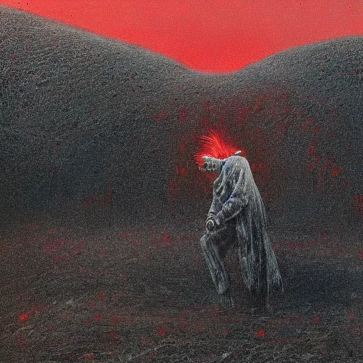 Prompt: closeup of a lonely man in curled up position with black smoke, red women dancing and crying, snowy post apocalyptic field, painting by beksinski