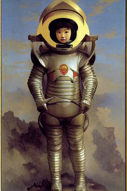 Prompt: portrait of a astronaut is a chinese dragon in armor and helmet, by bouguereau