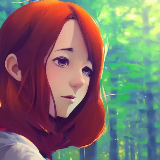 Image similar to portrait of rachel maksy, forest background, rich vivid colors, ambient lighting, dynamic lighting, 4k, official media, anime key visual, makoto shinkai, ilya kuvshinov, lois van baarle, rossdraws, detailed, trending on artstation