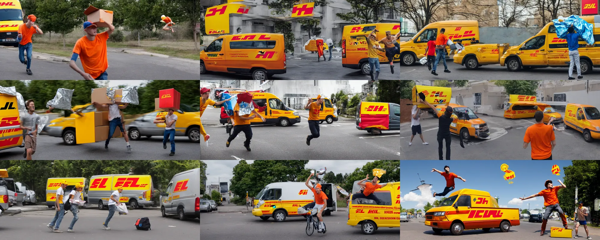 Prompt: Young man in orange t-shirt and tin-foil hat on a head being abducted by UFO from his delivery DHL van