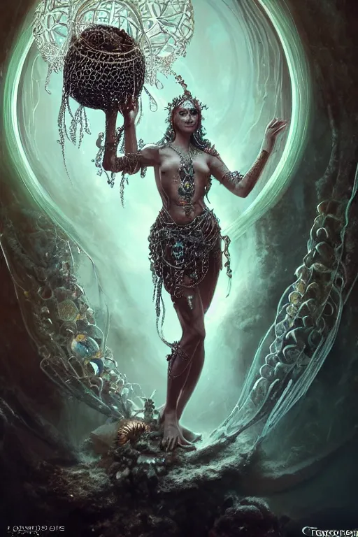 Prompt: a fisheye lens render of an alluring post apocalyptic goddess with wearing ornate silver and gemstones and crystal clothing surrounded by flowing liquid gallium jellyfish and sacred geometry, perfect body and face, gorgeous, cinematic, beautifully lit, by craig mullins, by tomasz alen kopera and peter mohrbacher, 3 d, trending on artstation, octane render, 8 k