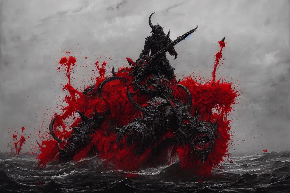 Image similar to the sea of blood and chaos demon, jakub rozalski.