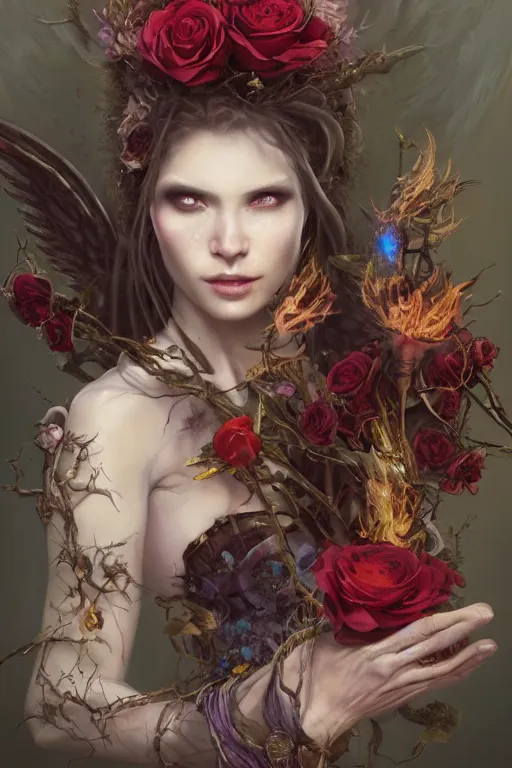 Prompt: face closeup of beautiful girl necromancer, witch - doctor exploding into flowers, angels, 3 d render, hyper - realistic detailed portrait, holding fire and electricity, forest, wings, roses, leaves and magic, ruan jia, wlop. scifi, fantasy, magic the gathering, hyper detailed, octane render, concept art, peter mohrbacher