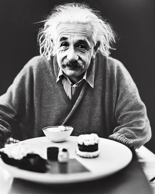 Prompt: a portrait of albert einstein sitting at the dining table with a plate containing sushi in front of him, highly detailed, trending on artstation, bokeh, 9 0 mm, f / 1. 4