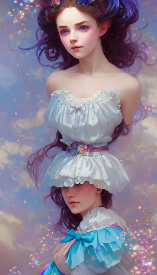 Image similar to portrait of magical lolita girl, dreamy and ethereal, blue eyes, peaceful expression, ornate frilly dress, fantasy, intricate, elegant, rainbow bubbles, highly detailed, digital painting, artstation, concept art, smooth, sharp focus, illustration, art by artgerm and greg rutkowski and alphonse mucha