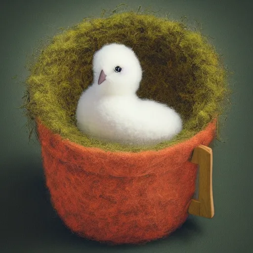 Prompt: long shot of a very fluffy wool chick nesting in a floral cup, esao andrews, by m. w. kaluta, humorous illustration, hyperrealistic, tilt shift, warm colors, night scenery, low light, 3 d octane render, 4 k, volumetric lights, smooth, cosy atmosphere, conceptart, hyperdetailed, trending on deviantart