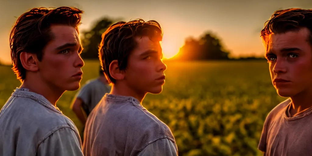 Image similar to the sunset's two brothers, outside in a farm, medium close up shot, depth of field, sharp focus, waist up, movie scene, anamorphic, hyper realistic, handsome, cinematic lighting, two people, costume art direction style from the movie the outsiders