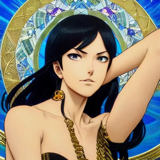 Image similar to highly detailed vfx portrait of nico robin by eiichiro oda!, makoto shinkai, alphonse mucha, sharp focus, art by artgerm and greg rutkowski!, backlit, harsh overhead sunlight, blue eyes!!, large aquiline nose!!, stanley kybric, kaoru mori, intricately detailed, top rated on pixiv,