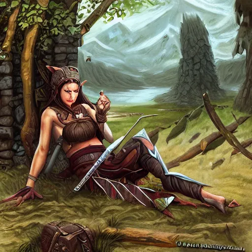 Image similar to a short, stocky female wood elf, resting after a battle, fantasy art