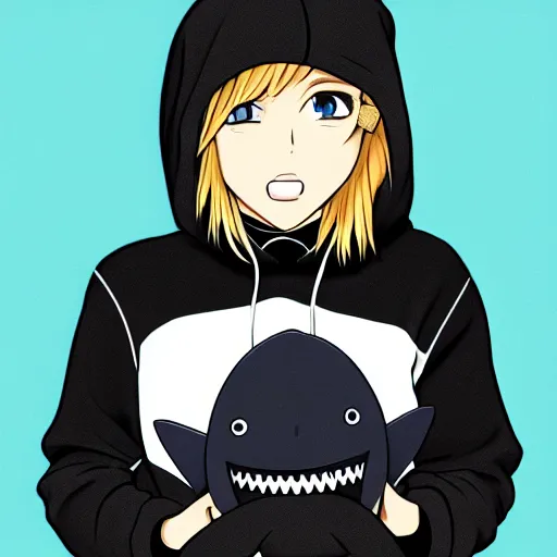 Image similar to a blonde-girl-in-a-black-hoodie holding a blue-shark-stuffie, anime style digital art