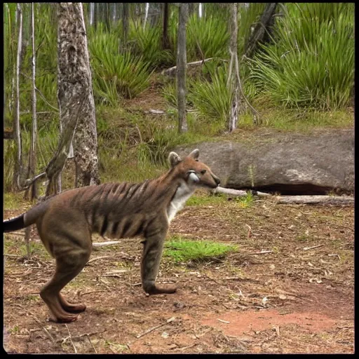 Prompt: tasmanian tiger trailcam. realistic. found footage