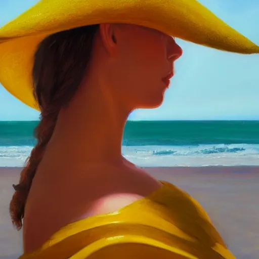 Prompt: beautiful oil matte portrait painting, young woman with red dress and mustard yellow summer hat at a beach on a sunny day, wonderful masterpiece highly detailed, beautiful cinematic light deep focus, elegant, digital painting, smooth, sharp focus, golden ratio, dramatic illumination, ultra realistic, 8 k, art by jenny saville