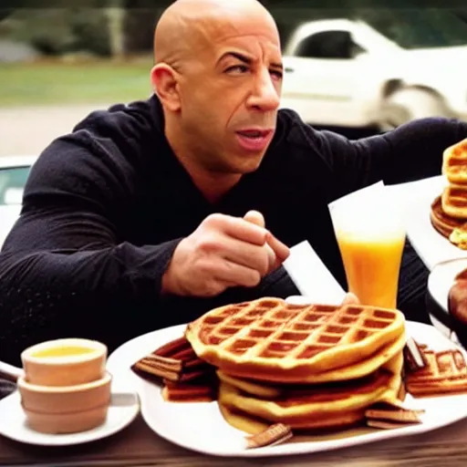 Image similar to movie still of vin diesel eating waffles and pancakes in a car