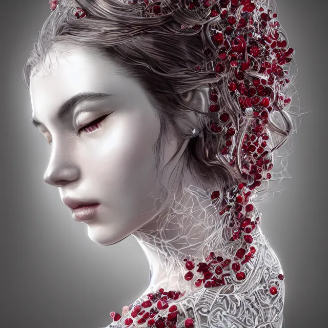 Image similar to studio portrait of absurdly beautiful, elegant, young woman made of rubies, ultrafine hyperrealistic detailed face illustration by kim jung gi, irakli nadar, intricate linework, sharp focus, bright colors, matte, octopath traveler, final fantasy, unreal engine highly rendered, global illumination, radiant light, intricate environment