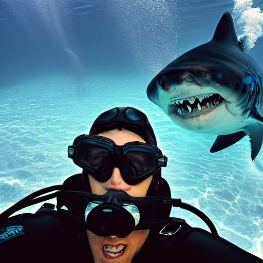 Prompt: the last selfie by a scooba diver moments before being eaten by a gigantic megalodon shark, ultra detailed, hyper realistic, volumetric lighting, 2 0 mm lens