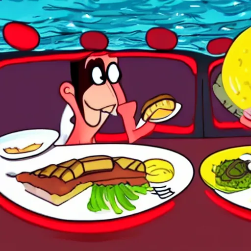 Prompt: a YouTube food review that takes place in a car, underwater cartoon style