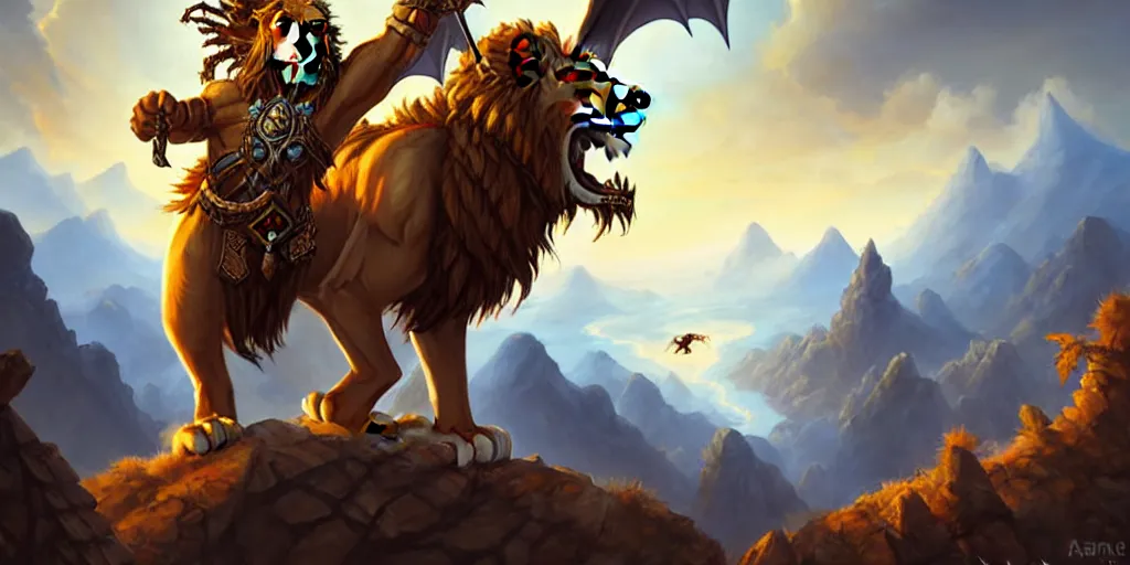 Image similar to Lion with bat wings on top of a mountain, art by Tony Sart, hearthstone art style, epic fantasy style art, fantasy epic digital art, epic fantasy card game art