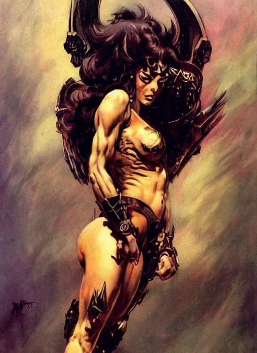 Image similar to portrait of female chaos angel, beautiful! coherent! by frank frazetta, by brom, strong line, deep color, armor, volumetric hair, high contrast, maximalist