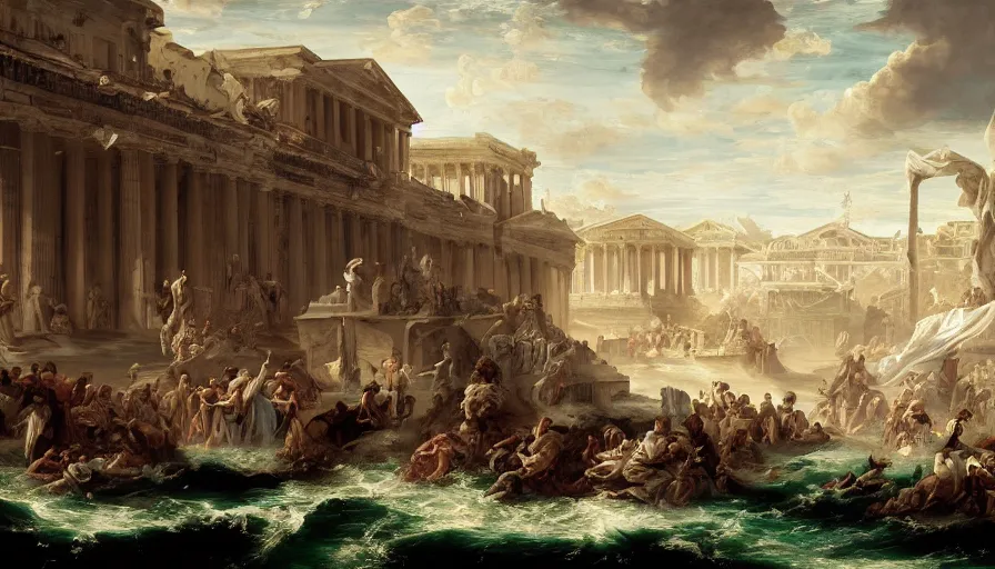 Prompt: baroque painting of athens underwater after a tsunami, hyperdetailed, artstation, cgsociety, 8 k