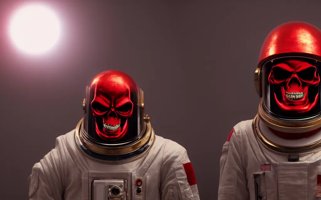 Prompt: angry ornate red skull in astronaut suit, gold linens, cinematic lighting, dramatic, octane render, long lens, shallow depth of field, bokeh, anamorphic lens flare, 8k, hyper detailed, 35mm film grain, hazy