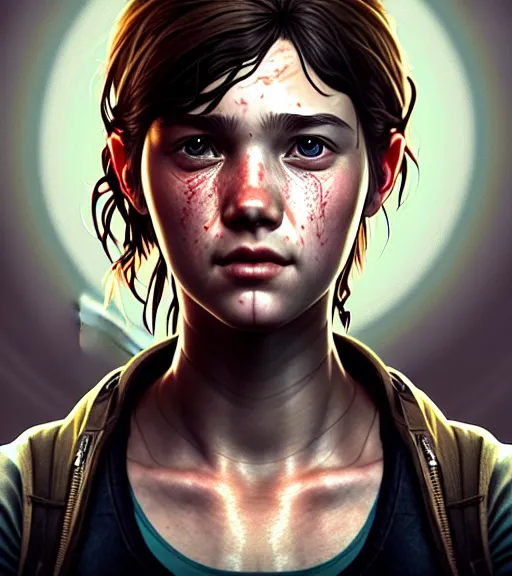 Image similar to symmetry ( ellie from last of us portrait ) ultra detailed, intricate, dynamic lighting, digital art, digital painting, art station, wlop, sharp focus, illustration, art by artgerm and greg rutkowski and alphonse mucha