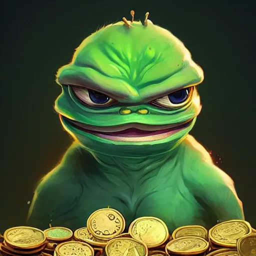 Image similar to super rich happy pepe, luxury, treasury, coins, money, hyper detalied, blue crystals, greg rutkowski, artstation