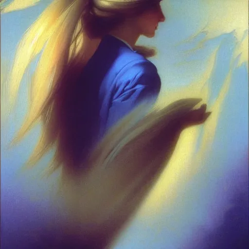 Image similar to a young woman's face, her hair is white and she wears a cobalt blue satin cloak, by ivan aivazovsky and syd mead and moebius and gaston bussiere and roger dean and pieter claesz and paul delaroche and alma tadema and aelbert cuyp and beksinski, hyperrealistic, volumetric light, octane render