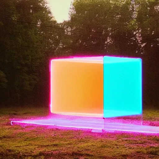 Image similar to a pastel coloured Polaroid photo of a cubic neon transparent perspex piano in a field, beams of light, nostalgic