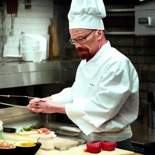 Image similar to photo of Walter white cooking sushi wearing a maid costume