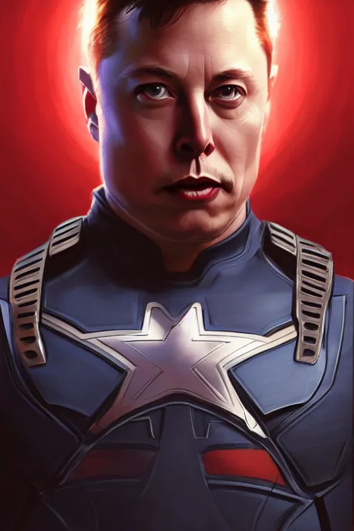 Image similar to elon musk as captain america, marvel character, portrait, highly detailed, digital painting, artstation, concept art, smooth, sharp focus, illustration, cinematic lighting, art by artgerm and greg rutkowski and alphonse mucha