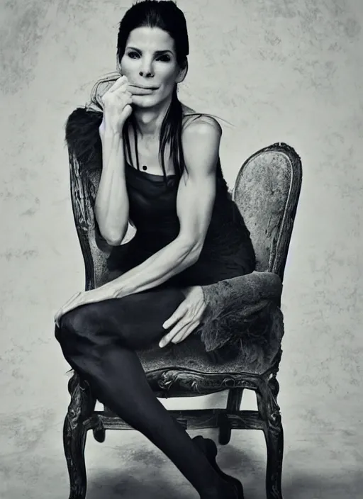 Prompt: Sandra Bullock for Victorian Secret, sitting on a chair, natural pose , portrait by Paolo Roversi, full length shot, extremely detailed, 50mm, natural light, m, rule of thirds, symmetrical balance, depth layering, polarizing filter, Sense of Depth