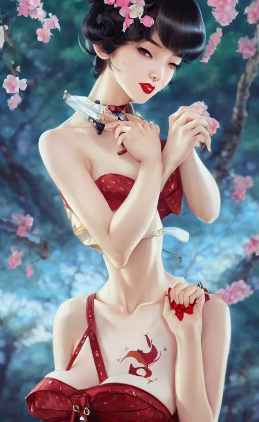 Image similar to a pin up and beautiful fashion and charming and dreamlke japan girl with lv jewelry, character art, art by artgerm lau and kyoung hwan kim and and ilya kuvshinov and john singer sargent, hyperdetailed, 8 k realistic, symmetrical, frostbite 3 engine, cryengine, dof, trending on artstation, digital art