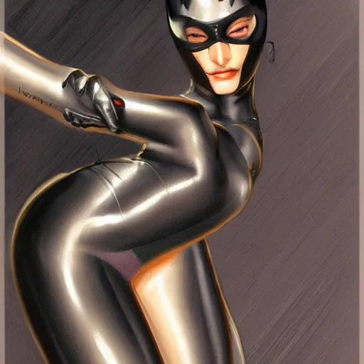 Image similar to Portrait of Catwoman, intricate upper body, whole body, highly detailed, digital painting, artstation, concept art, smooth, sharp focus, illustration, art by Hajime Sorayama