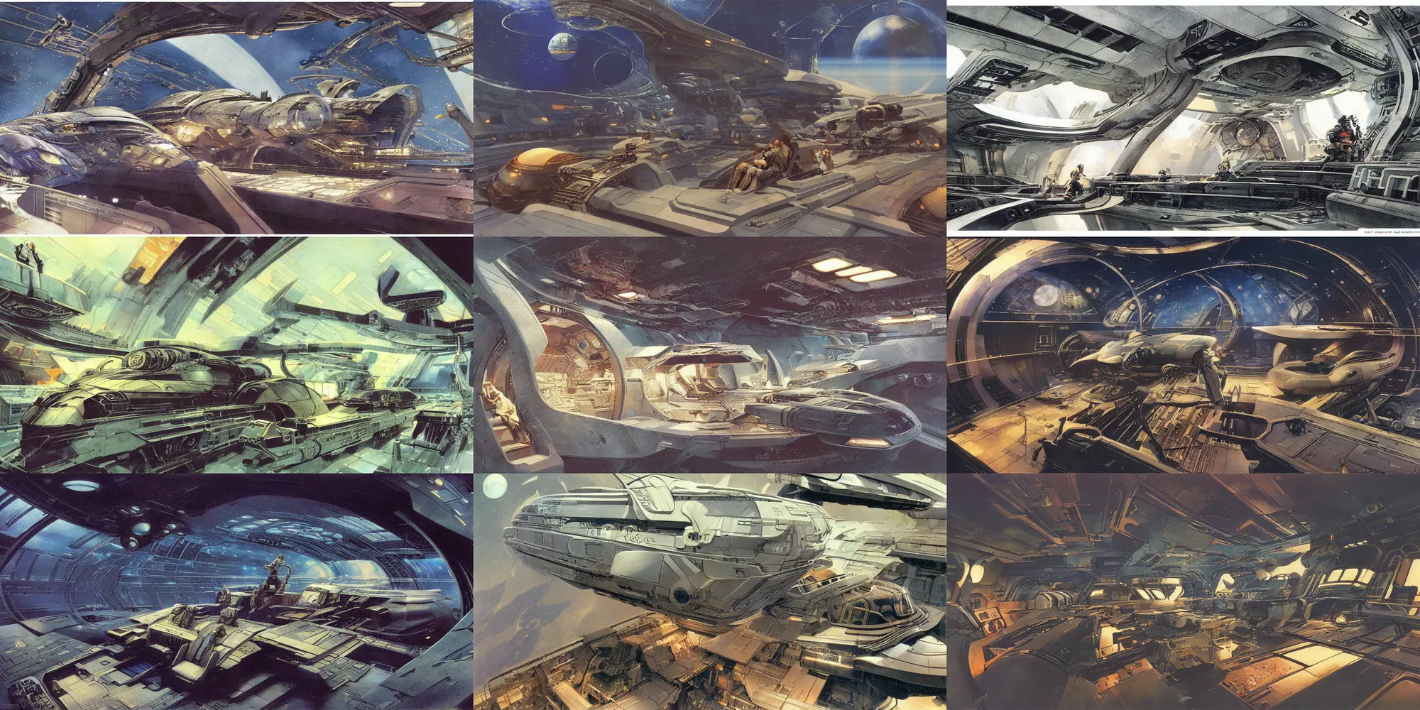 Prompt: ! dream the production sketches a sci - fi spaceship interior bridge, intricate interior design and detailed illustrations by john harris and n c wyeth and ron cobb and chris foss and syd mead