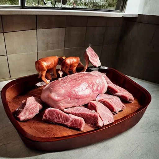 Prompt: a bathtub full of meat surrounded by a hungry family