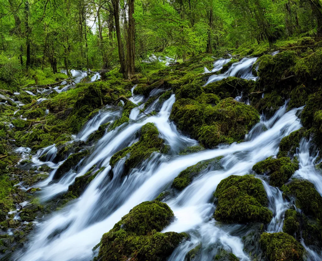 Image similar to the most beautiful panoramic 3 5 mm photography where a giant dreamy waterfall creates a river the trees around are starting and a deer