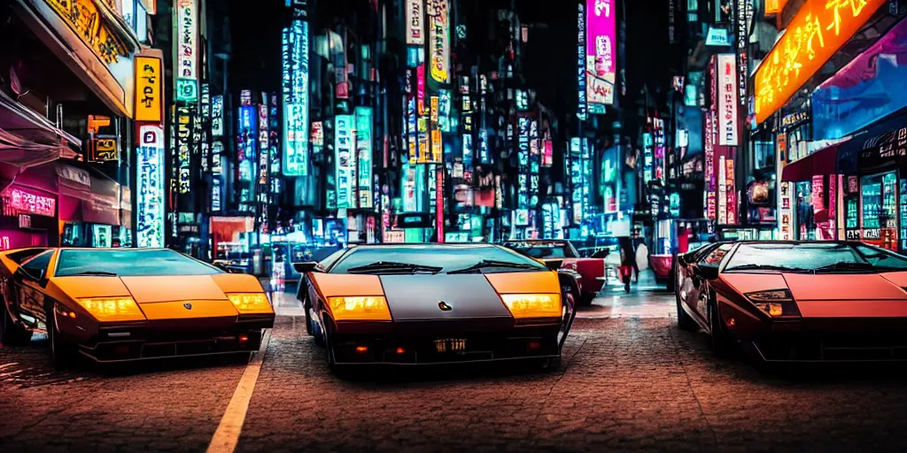 Prompt: photograph of two different coloured lamborghini countach parked in a rainy neo tokyo street at night with neon light signs illuminating the scene, sharp focus, highly detailed, ray tracing, cinematic, moody, hdr, 4 k, incredible detail, epic, misty, slight bokeh