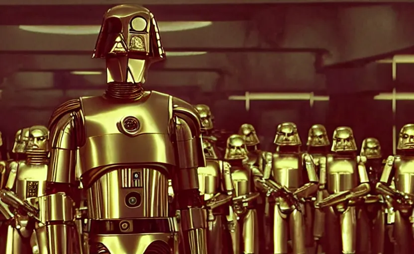 Prompt: screenshot portrait of Luke Skywalker with a fleet of a dozen chrome C-3P0 droids, iconic scene from 1980s film by Stanley Kubrick, 4k, cinematic still frame, surreal sci fi architecture, portrait photoreal, detailed face, moody lighting, stunning cinematography, hyper detailed, sharp, anamorphic lenses, kodak color film stock