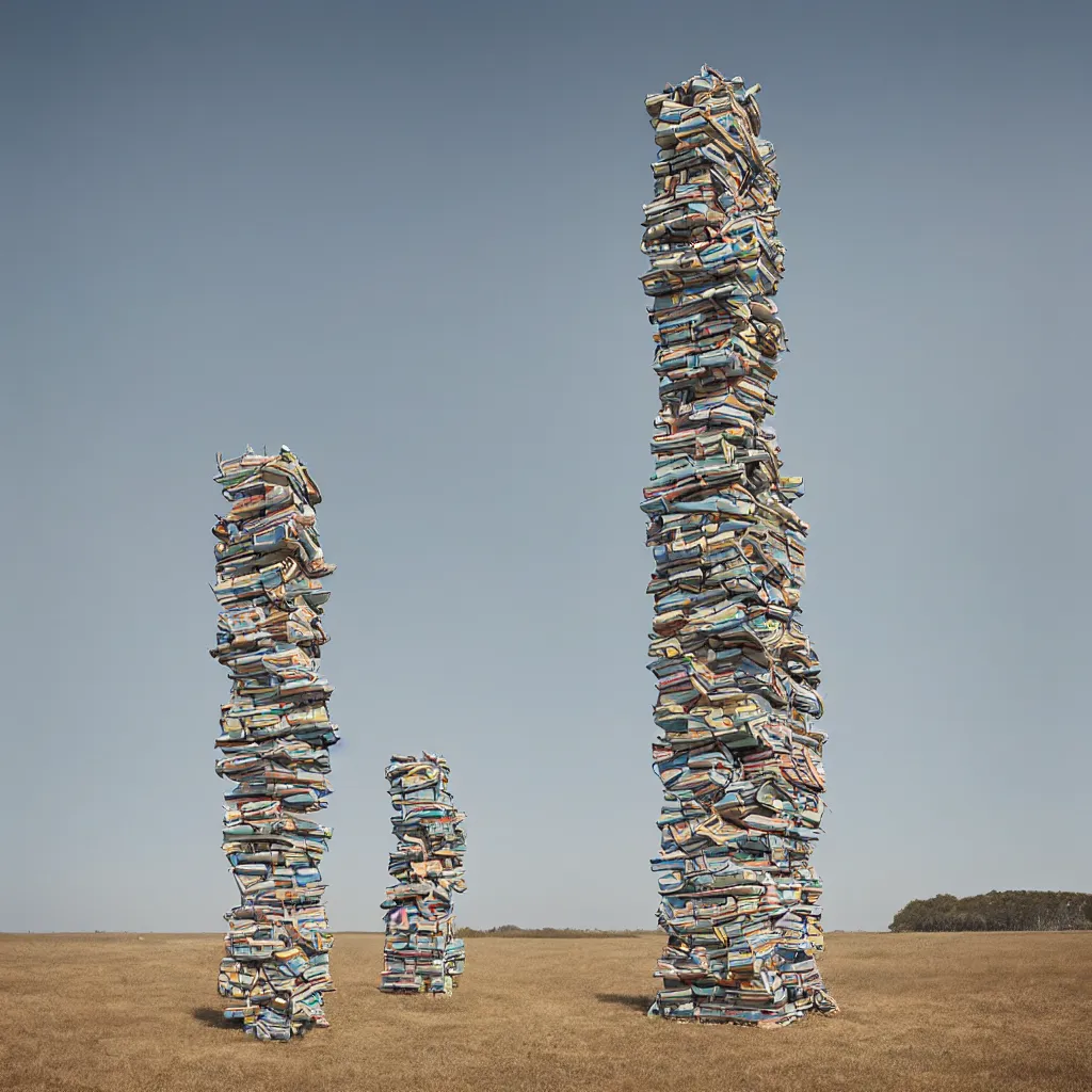 Image similar to intertwined high towers made up of stacked makeshift shelters, uniform plain sky, mamiya, very sharp, very detailed, pastel colours, photographed by cristina de middel