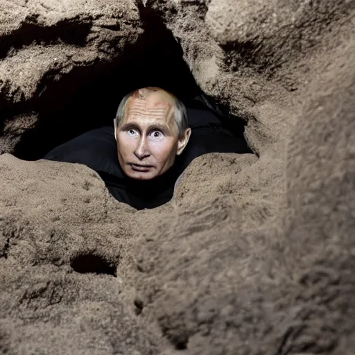 Image similar to photo inside a cavern of a wet reptilian humanoid putin partially hidden behind a rock