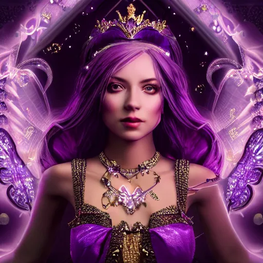 Image similar to portrait princess of amethyst, glowing, ornate and intricate purple jewelry, jaw dropping beauty, glowing background lighting, purple accent lighting, hyper detailed, fairy tale, 4 k octane render