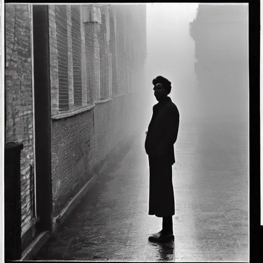 Image similar to Slick photo of Shiv Kumar Batalvi standing outside a building on a day when it rained earlier slightly chilly weather mist in the background photo taken by Saul Leiter and Henri Cartier-Bresson