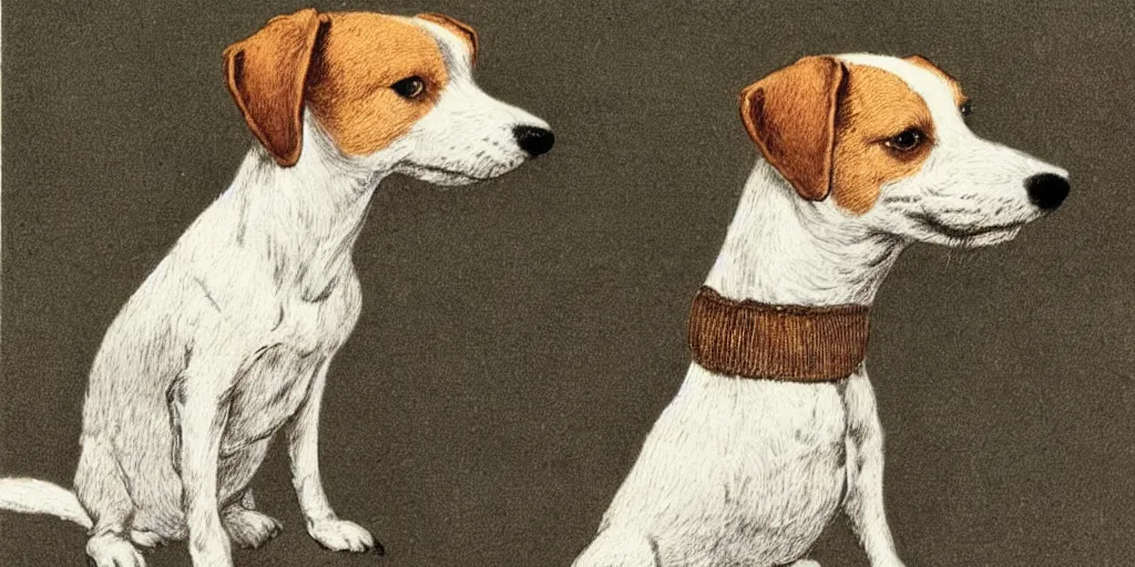 Prompt: jack russel dog, highly detailed, side view, eyes closed head facing the sky, illustrated by peggy fortnum and beatrix potter and sir john tenniel