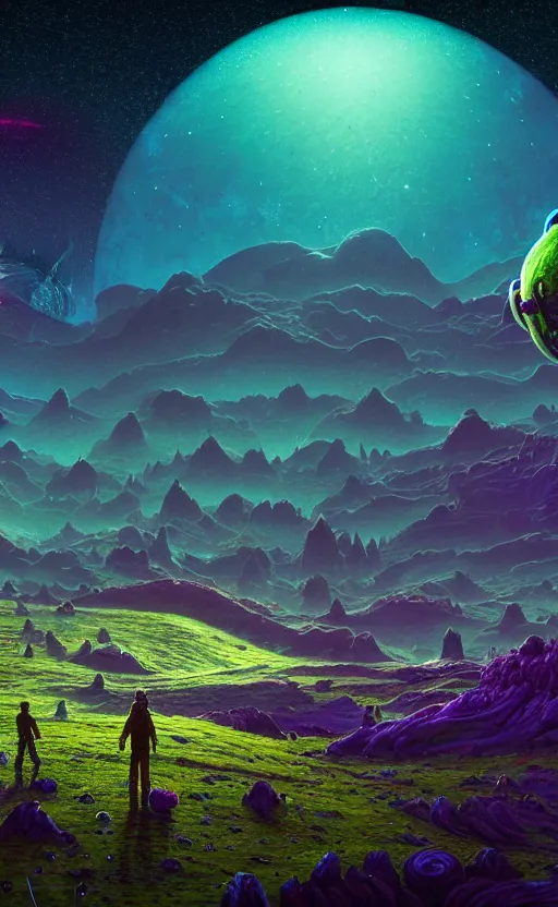 Image similar to An amazing alien landscape with lush vegetation and colourful galaxy foreground, digital art, breathtaking, golden ratio, extremely detailed, hyper-detailed, establishing shot, hyperrealistic, cinematic lighting, particles, unreal engine, simon stålenhag, rendered by Beeple, Makoto Shinkai, syd meade, Kentaro Miura, environment concept, artstation, octane render, 8K UHD image