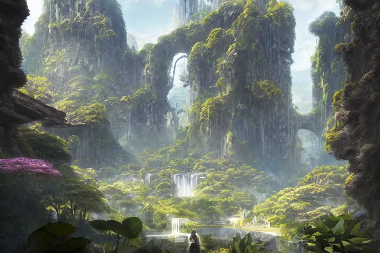 Image similar to Brutalist Solarpunk Shiro in Eden amazing concept painting, by Jessica Rossier , Gleaming White, fey magical lighting, overlooking a valley, Himeji Rivendell Garden of Eden, topiary, manicured gardens, terraced orchards and ponds, lush fertile fecund, fruit trees, by Brian Froud by Beksinski